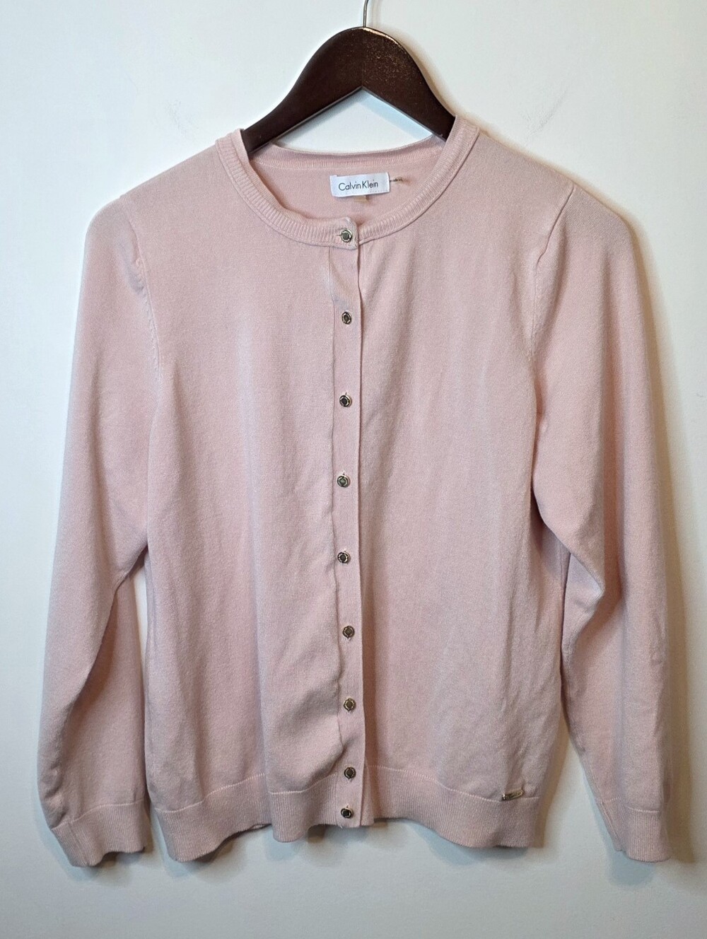 Calvin Klein Blush Pink Knit Gold Button Cardigan Size Large Classic Timeless